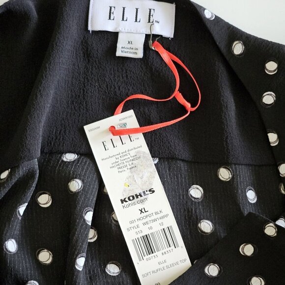 ELLE Top Women XL Black White Polka Dot Pull On Semi Sheer Flowy Flutter SS Boho - Picture 3 of 13